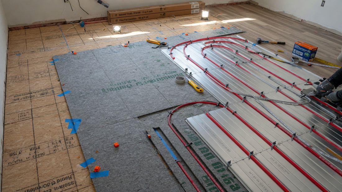 Radiant panel flooring being installed over fiber pad