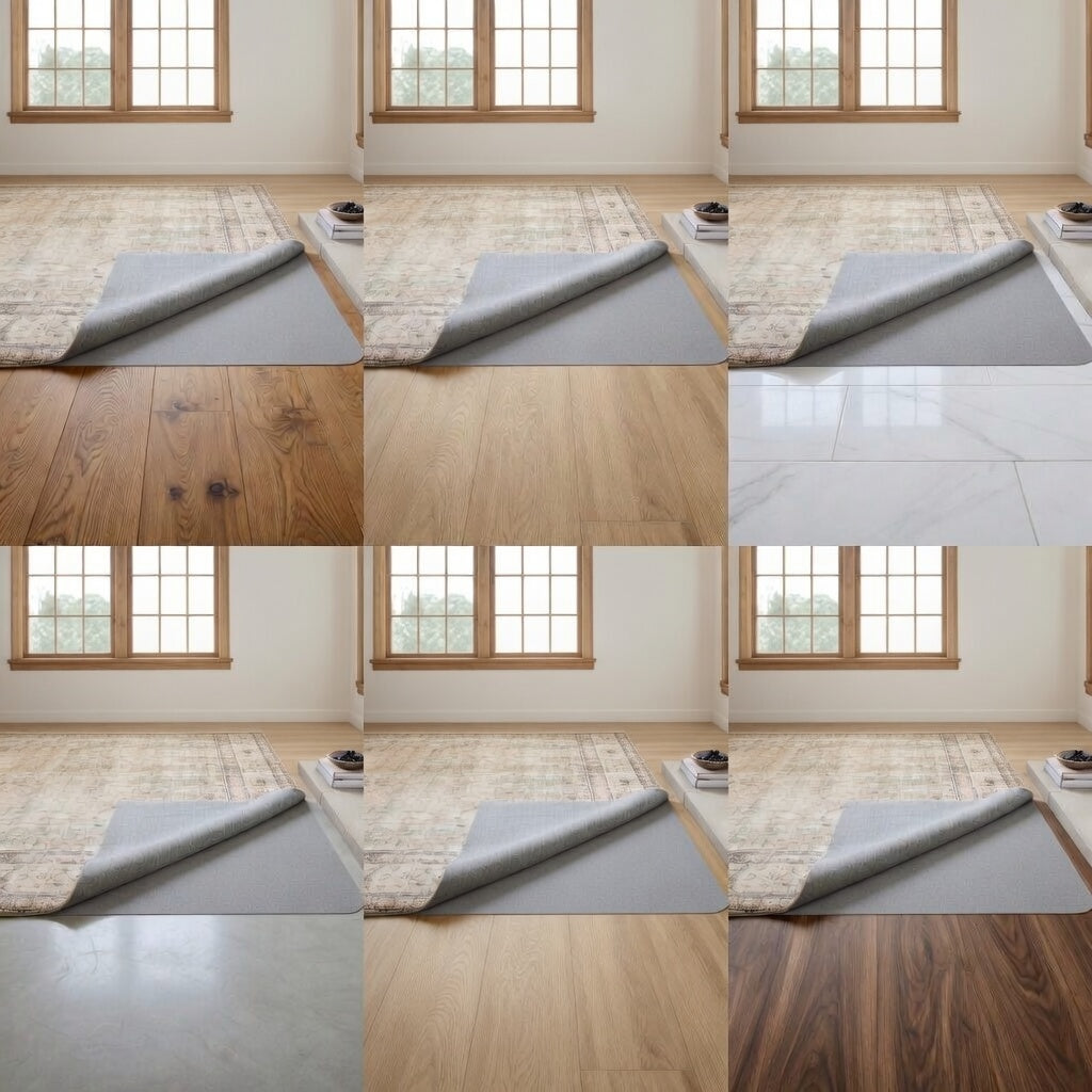 Area rug rolled back on six different floor types revealing gray fiber rug pad underneath, showing hardwood, LVT, tile, concrete, carpet, and laminate flooring