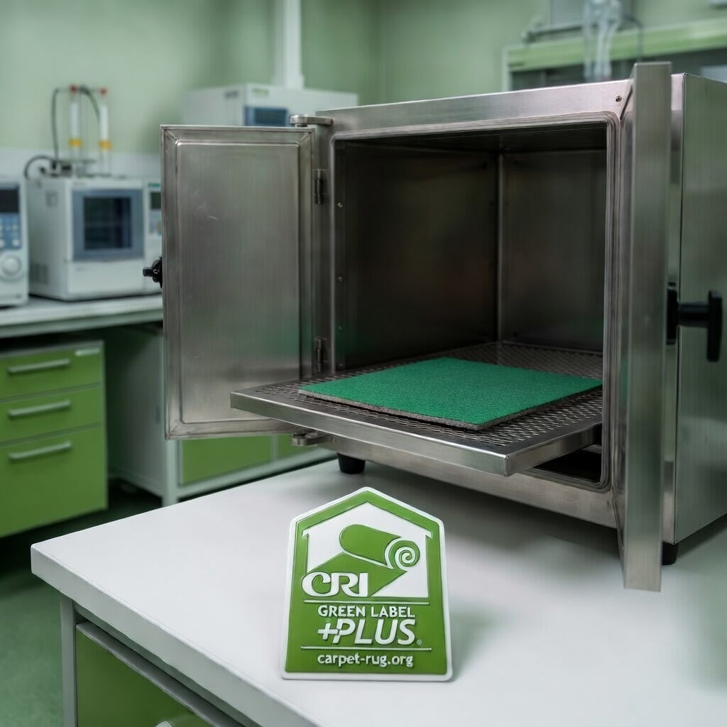 Recycled fiber carpet cushion sample inside environmental testing chamber with CRI Green Label Plus certification badge, IAQ testing lab