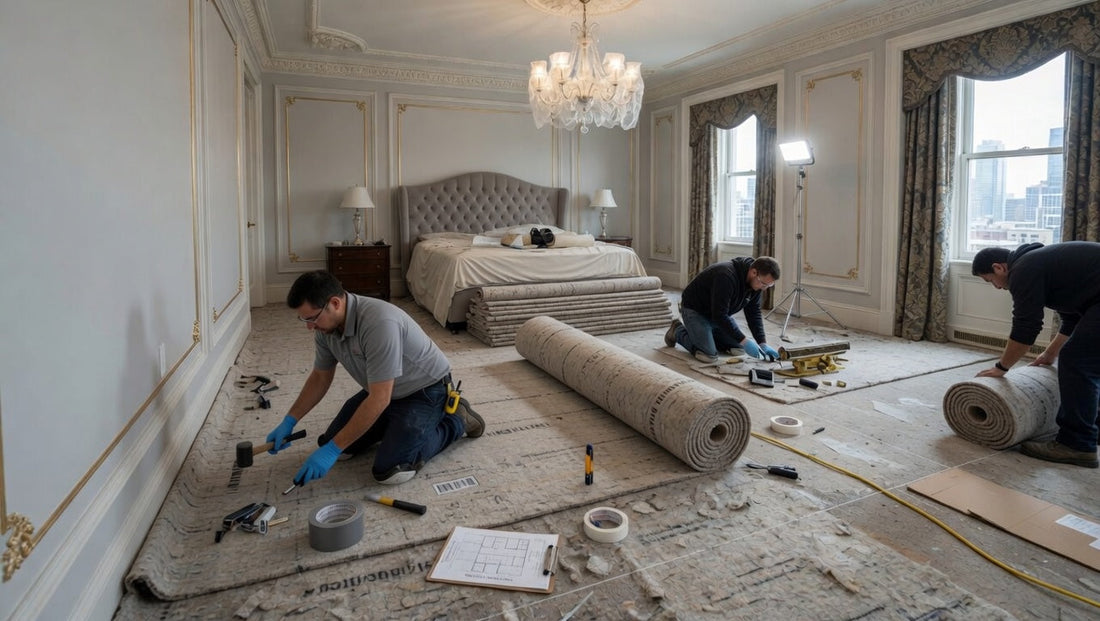 workers installing recycled fiber cushion in a hotel room